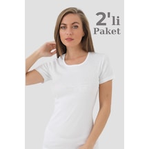 Arma Yıldız 2'li Paket Kadın Beyaz Tişört Bisiklet Yaka Kısa Kollu Fanila %100 Pamuk Ribana Beyaz