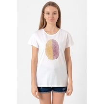 Sarı Kırmızı Parmak İzi Beyaz Kadın Bisikletyaka Tshirt Beyaz