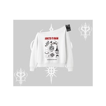 Tarzsokak Kayık Yaka Sweatshirt Japon Mutfağı Umami Temalı Baskılı Beyaz