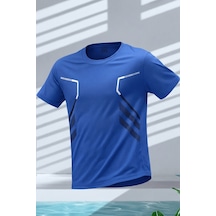 Genius Store Erkek Spor Tişört Antreman Gym Polyester Erkek Sporcu T-shirt Şeritli-tişört Mavi