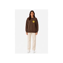 Herkesemoda Emoji Baskı Detaylı Şardonlu 2 İplik Bisiklet Yaka Sweatshirt Kahverengi