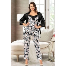 Faal 4910 Kadın Saten Sabahlıklı İp Askılı Pijama Takım-siyah Siyah