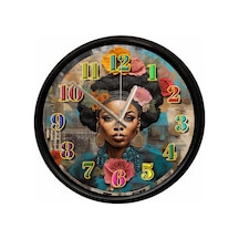 Etnik Afrikalı Kadın Sanat Ve Çiçek Temalı Dekoratif Duvar Saati 28 Cm Sessiz Mekanizma Çok Renkli