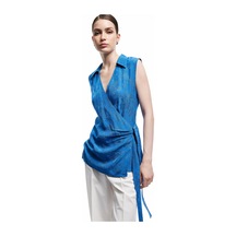 Koton Viskon Kumaş Bağlama Detaylı Kolsuz Kruvaze Çiçekli Gömlek Saks Mavisi 5sak60488uw Saks Mavi