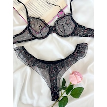 Arinda Butterfly Siyah Tül Çiçek Desenli Balenli Kapsız Fırfırlı Bralette Sütyen Tanga İç Çamaşırı Takımı Alt Üst 2 Parça