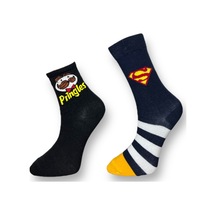Me-vo 2'li Unısex Pringles Ve Superman Tasarımlı Esnek Nem Alabilen Pamuklu Spor Soket Çoraplar Çok Renkli