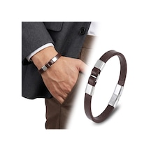 Premium Erkek Beyaz Çelik Ve Kahve Deri Bileklik 31834b4d3 - 21 Cm Gri - Kahverengi