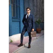 Slim Fit Kruvaze Kaşe Kaban Lacivert XPRZK172-02