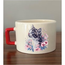 Çiçekli Kedi Temalı Fincan Kupa Bardak - Seramik Çay, Kahve Hediyelik Bardağı Beyaz