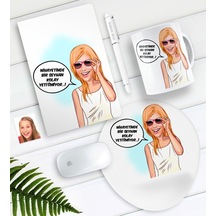 Kişiye Özel Bayan Kolay Yetişmiyor Karikatürlü Defter Kalem Kupa Mouse Pad Seti-4