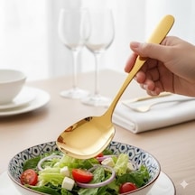 Premium Altın Kaplama Paslanmaz Çelik Servis Kaşığı 21 Cm Şık Ve Dayanıklı Sunum Kaşığı Açık Ahşap
