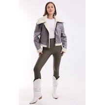 Winmoda34 Içi Kürk Astarlı Biker Kısa Ceket Gri