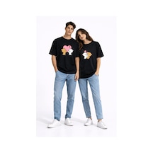 Sevgili Kombini Ayıcık Kalp Baskılı Çift Tişört Oversize Unisex Partner Kombin Seti Siyah