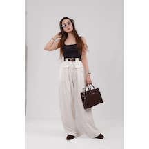 Mayrem Kadın Kemerli Pileli Yüksek Bel Geniş Paça Pantolon Beyaz