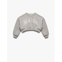 Koton Uzun Kollu Bisiklet Yaka Şardonlu Baskılı Crop Sweatshirt Gri 6wkg10074ak Gri