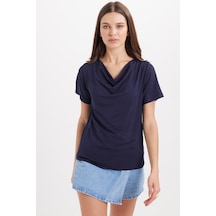 Tudors Kadın Oversize Rahat Kesim Asimetrik Yaka Kısa Kol Lacivert Viskon Bluz-50853