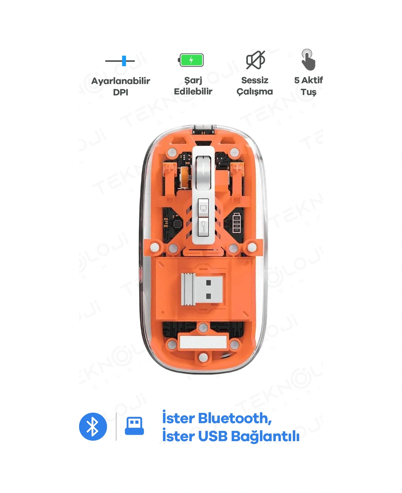 Bluetooth Usb Çift Modlu Sessiz Mouse, Şeffaf Mıknatıslı Kapaklı, Type-c Şarjlı, Dpı Ayarlı, Kablosuz 10m Çekim Mesafeli, Masaüstü Kısayol Tuşlu, Taşınabilir Şarjlı Mouse Turuncu