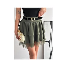 Gugus Kadın Mini Boy Tül/dantel Detaylı Beli Kemerli Volanlı Etek Haki