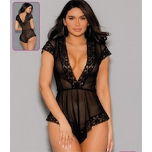 Derin V Yaka Detaylı Tül Ve Dantel Fantezi Babydoll 9104 Siyah