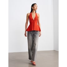 Dilvin 10787 Halter Yaka Peplum Triko Bluz-a.kırmızı