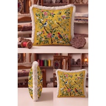 Botanik Kuşlu Çiçekli Desenli Saçaklı Yastık Kılıfı - Vintage Hardal Krem Püsküllü Kırlent Kılıfı Lacivert