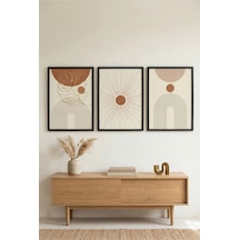 Siyah Ahşap Çerçeveli Boho Güneş Geometrik Soyut Modern Duvar Tablosu 3 Lü Set Siyah