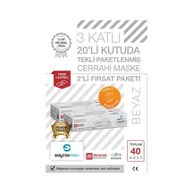 SaytekMed Tek Tek Steril Paketli, Meltblown Filtreli, 3 Katlı Beyaz Maske (2 Kutu/40 Adet)