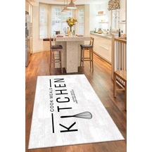 Beyaz Kaymaz Tabanlı Kitchen Yazılı Mutfak Halısı Ar798n11
