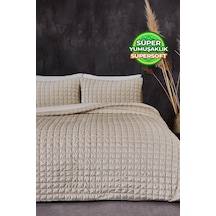 Evlen Home Collection Kadife Stacy Yatak Örtüsü Seti Çift Kişilik Elyaf Dolgulu Yumuşak 3 Parça Bej