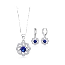 Brezza Lusso Jewelry Gümüş Lüks Mavi Safir Taşlı Çiçek Model Kadın Kolye Küpe Set