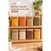 Porsima 5-4 Bambu Vakumlu Kapaklı Kare Borsilikat Cam 8li Kavanoz Seti Saklama Kabı 750ml 7,5x15cm
