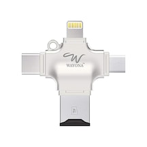 4'ü 1 Arada Otg Kart Okuyucu Dört Bağlantı Noktası: Lightning + Tip C + Micro Usb + Usb Kart Okuyucu, Gümüş