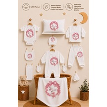 Pia Baby Kız Bebek Hastane Çıkışı 11 Parça %100 Pamuk Kişiye Özel İsimli Organik Baskılı Set 1030110x Ekru
