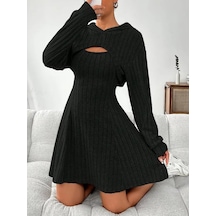 Kadın Uzun Kollu Kapüşonlu Ceket Üst Ve Askısız Kare Yaka A Kesim Şardonlu Kaşkorse Elbise Siyah