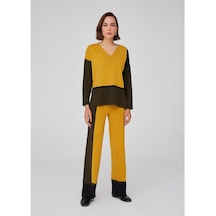 Peraluna Renk Bloklu Boru Paça Kadın Triko Pantolon Çok Renkli Çok Renkli