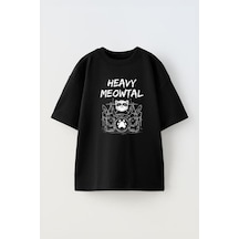 Thewert Unisex Heavy Meowtal Tasarım Baskılı Pamuk Sıyah Oversize T-shirt Siyah