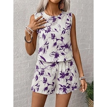 DefyModa Kadın Kolsuz Yuvarlak Yakalı Desenli Bluz Ve Şort Ikili Takım Mor