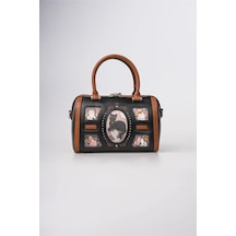 Ççs Kadın Kedi Desenli Vintage Deri Görünümlü Silindir Model Fermuarlı El Ve Omuz Çantası Siyah 18402