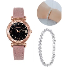 Gogoey Kadın Kol Saati + Gümüş Bileklik Lüks Moda Şık Bayan Saat Pembe Gs4417dpg