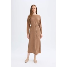 DeFacto Regular Fit Bürümcük Uzun Kollu Bağcıklı Midi Elbise D5024AX24AUBN540 Kahve