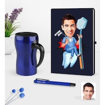 Kişiye Özel Bay Diş Hekimi Karikatürlü Lacivert Defter Kalem Termos Mug Seti - 2