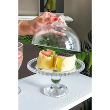 Lüks Cam Ayaklı Kek Pasta Fanus, Servis Sunumluk Boncuk Kalp