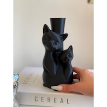 Plastik Yapay Çiçeklerle Uyumlu Kedi Figürlü Şık Ve Sevimli Dekoratif Vazo Siyah