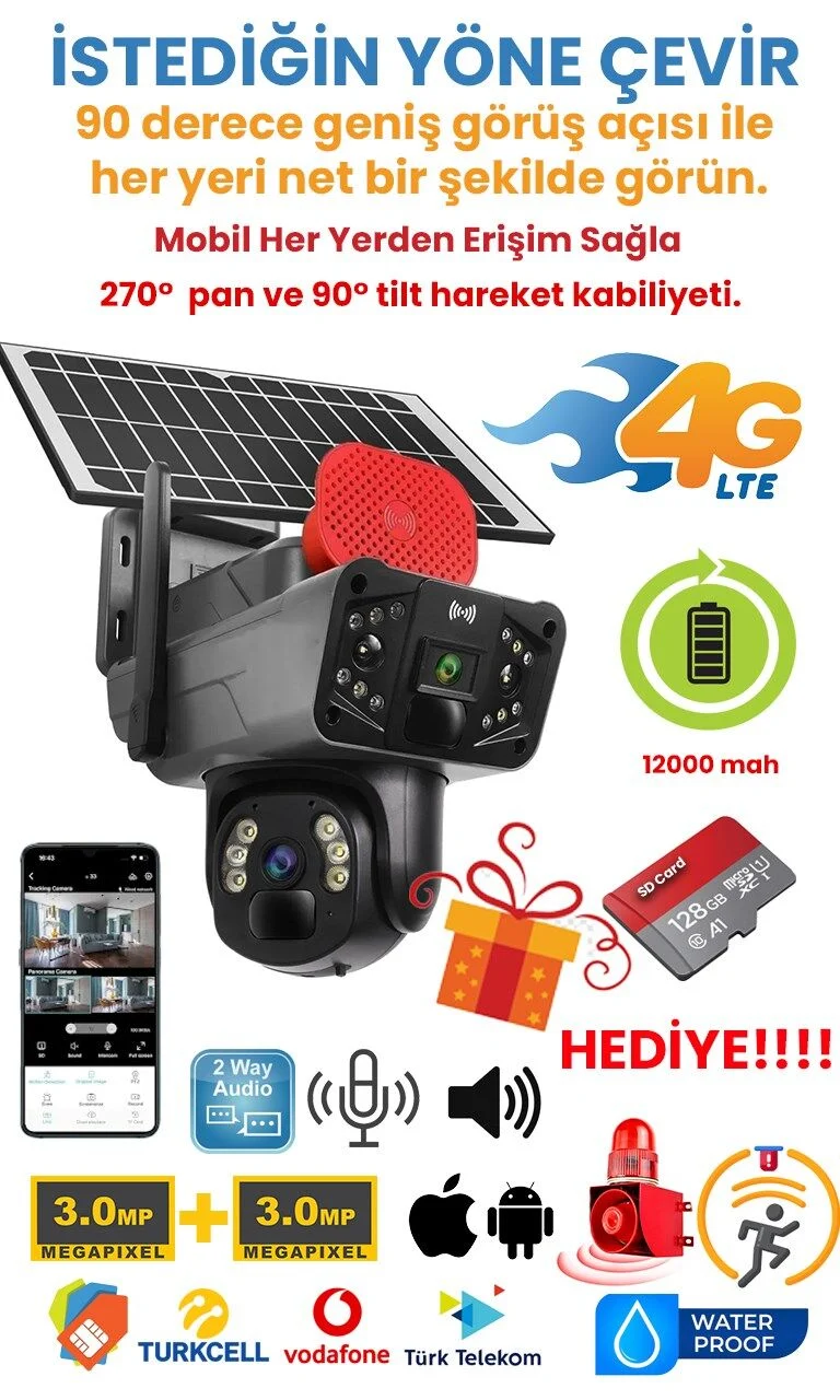 4g, 6mp Çift Lensli Ptz Güvenlik Kamerası Hareket Algılama 128 Gb Sd Kart Hediyeli Gri - Siyah