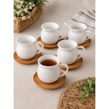6 Kişilik Bambu Tabaklı Çay Fincanı, Neskafe 200ml Beyaz