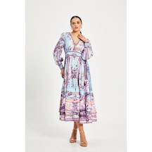 Kadın Desenli V Yaka Elbise Uzun Kollu, Kuşaklı, Astarlı Mavi Kadın Desenli V Yaka Elbise Uzun Kollu, Kuşaklı, Astarlı Mavi