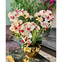 Yapay Çiçek 4lü Bordo Çilli Beyaz Islak Orkide Metal Yuvarlak Gold Vazoda Orkide 50cm
