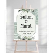 Söz Nişan Düğün İçin 50x70 Karşılama Panosu - Yeşil Çiçek Tasarımlı 005 Beyaz