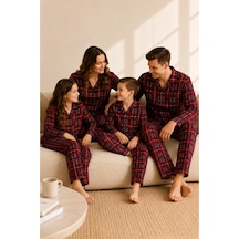Free Beka Ekose Desenli Kırmızı Uzun Kollu Önden Düğmeli Gömlek Yaka Aile Pijama Takımı Kombini