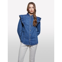Sisley %100 Pamuk Fırfır Detaylı Denim Gömlek Kadın Haki Yeşili Gömlek - 325a53gelq09n